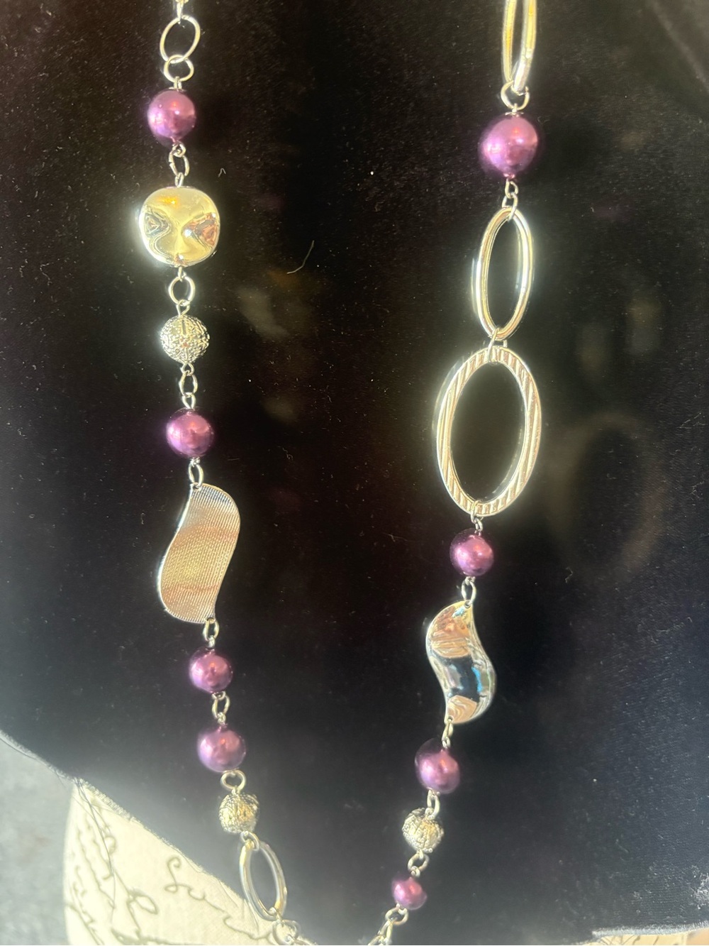 Long Women's Fashion Necklace with Purple Beads and Silver Accents